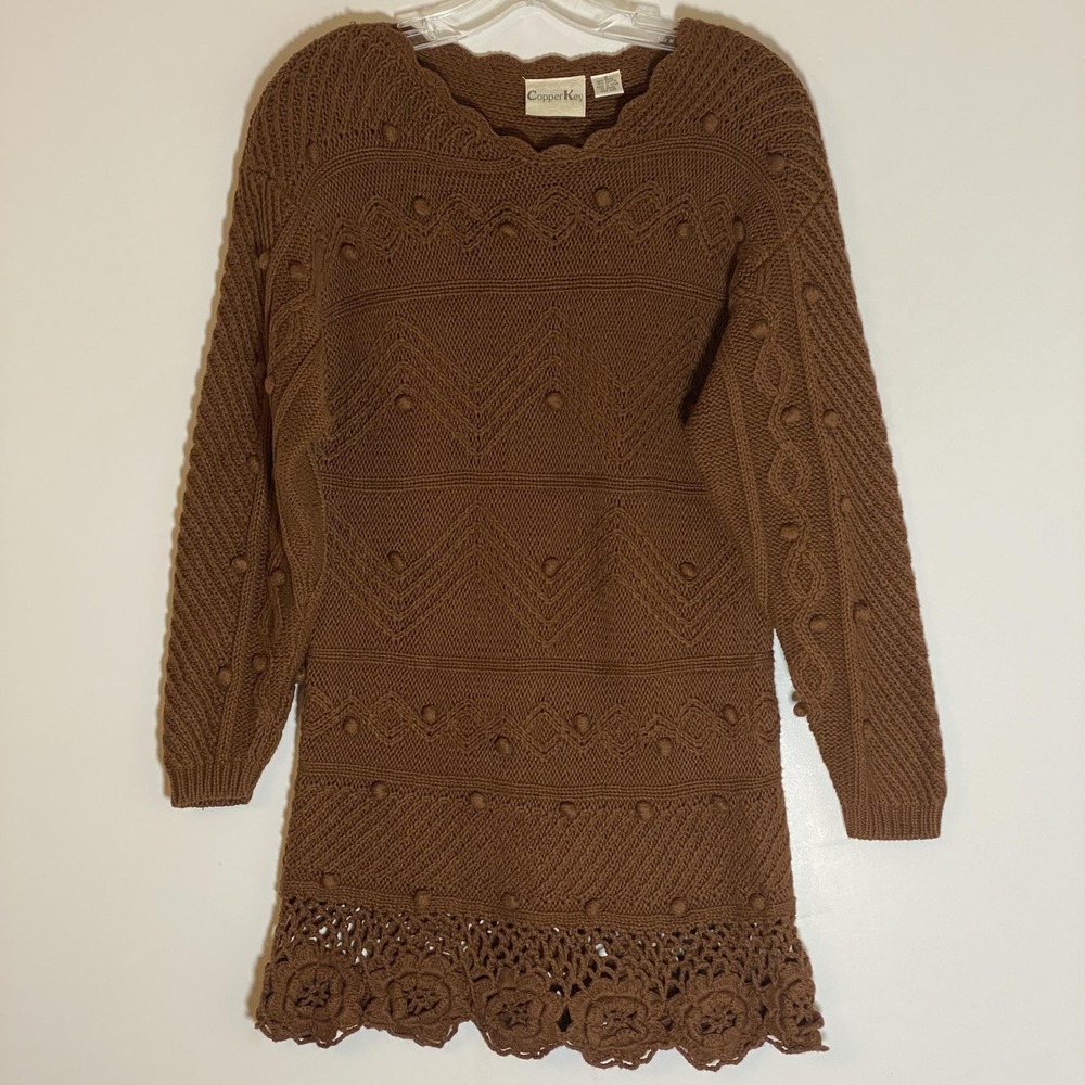 Copper Key Sweater Tunic Juniors Small‎ Brown Bobble Knit Crochet Floral Hem
